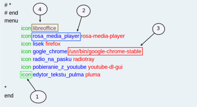 legenda.png (84.14 КБ) 287451 просмотр (1) Every new positions, starting with the word "Icon"<br /><br />(2) The second entry is the name of the program (you can not use spaces in the name)<br /><br />(3) The third position, the command to start the selected program (can not use spaces in the command)